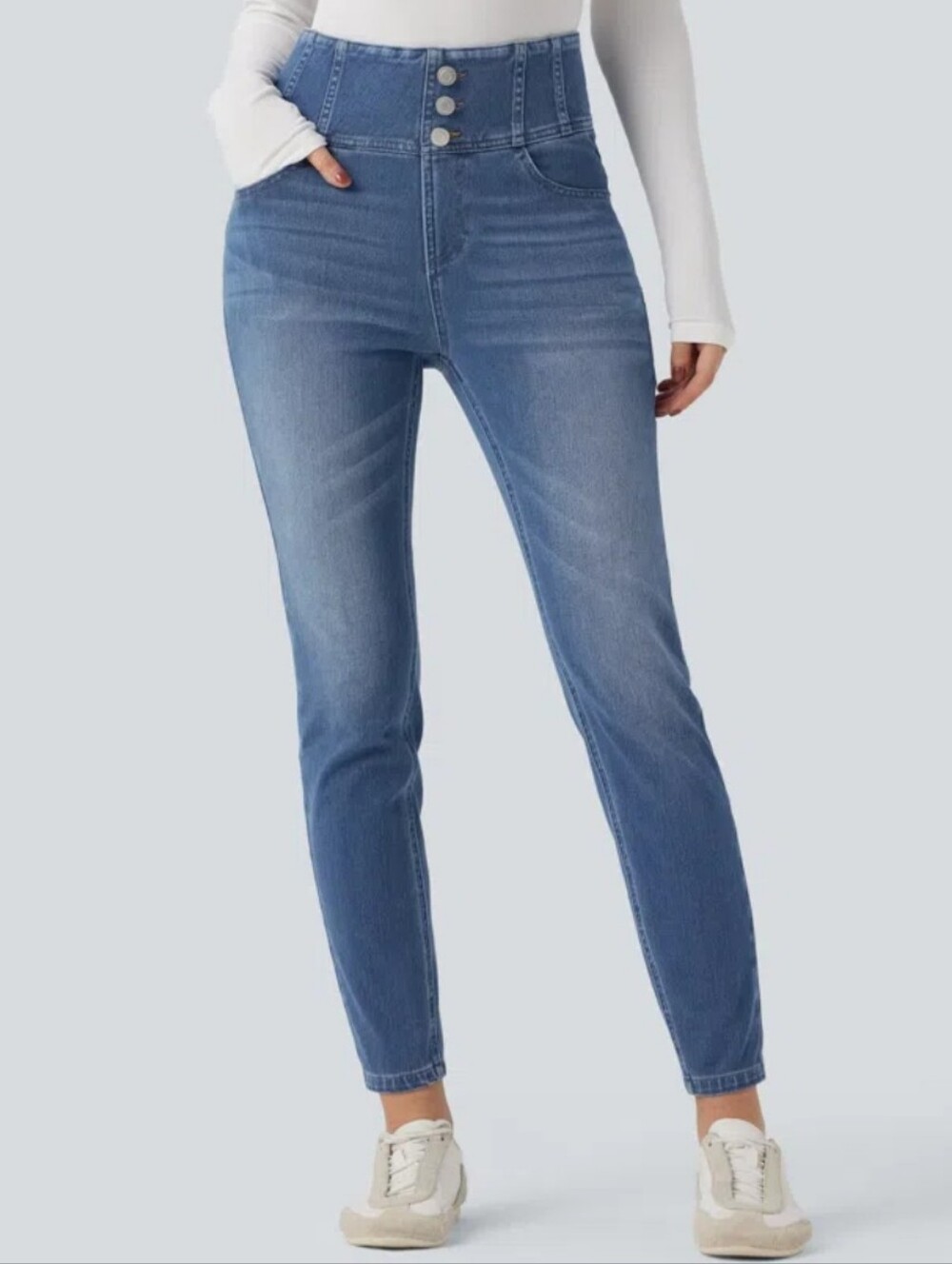 HALARA High-Rise Button-Fly Slim Skinny Jeans in Medium Blue Medium